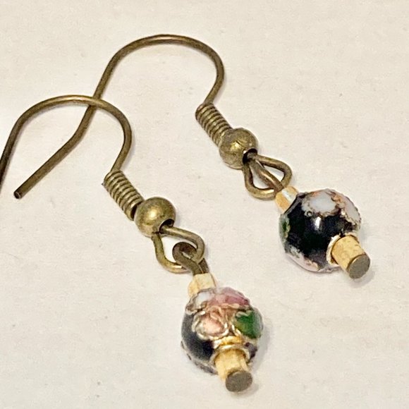 Vintage Cloisonne Bead Earrings Round Black Gold Tone Bronze Plated Dainty - Picture 12 of 13